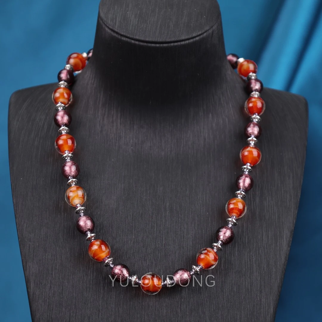 合金项链 925银合金项链 XL758 橙红色搅料紫色银箔琉璃项链