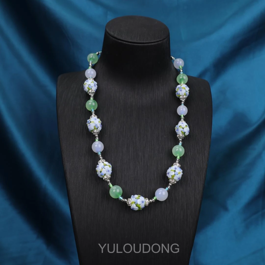 合金项链 XL721 蓝色小花蓝绿套料琉璃项链原创设计