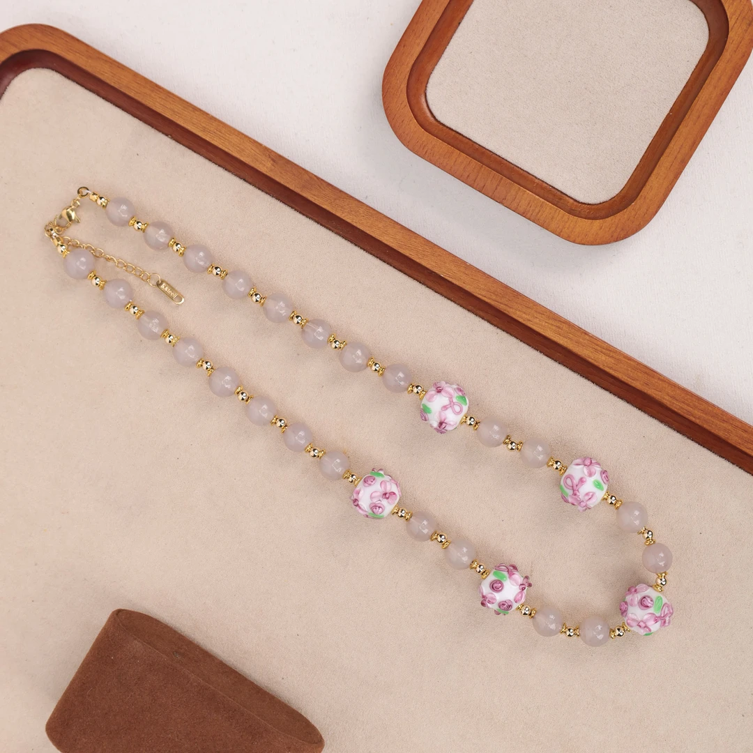 合金项链 玉楼东合金项链 LZ1760 粉色蛋糕米汤色琉璃项链47cm