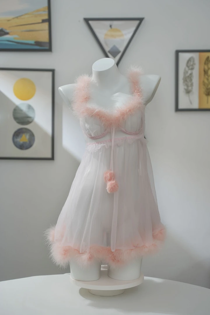 【桃涩】幻梦蜜桃（80-130斤）粉色睡衣带毛毛边睡裙套装