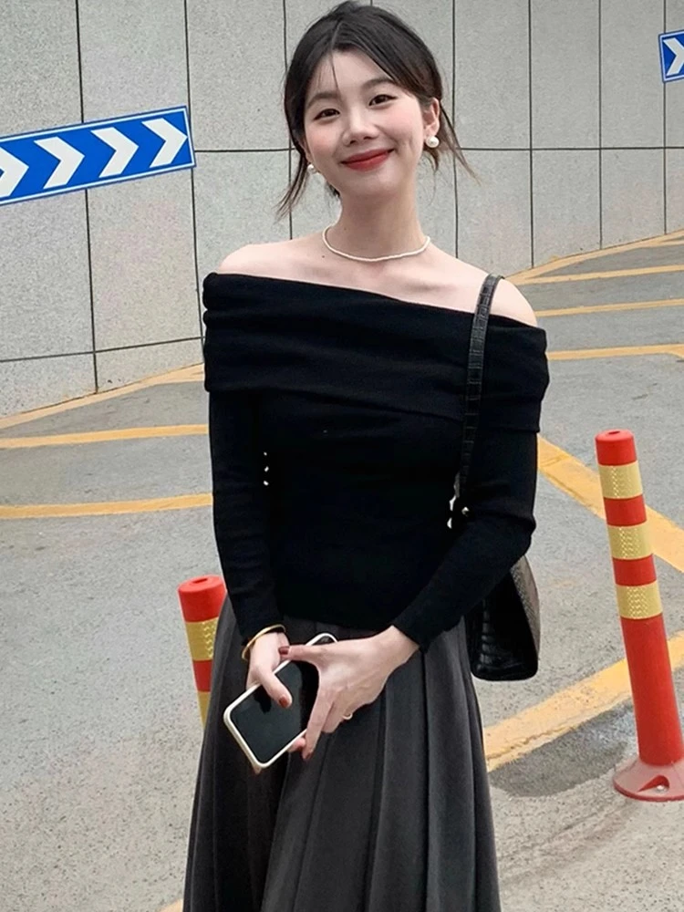 纯欲风一字肩上衣高级感精致绝美设计感小众辣姝长袖女时尚