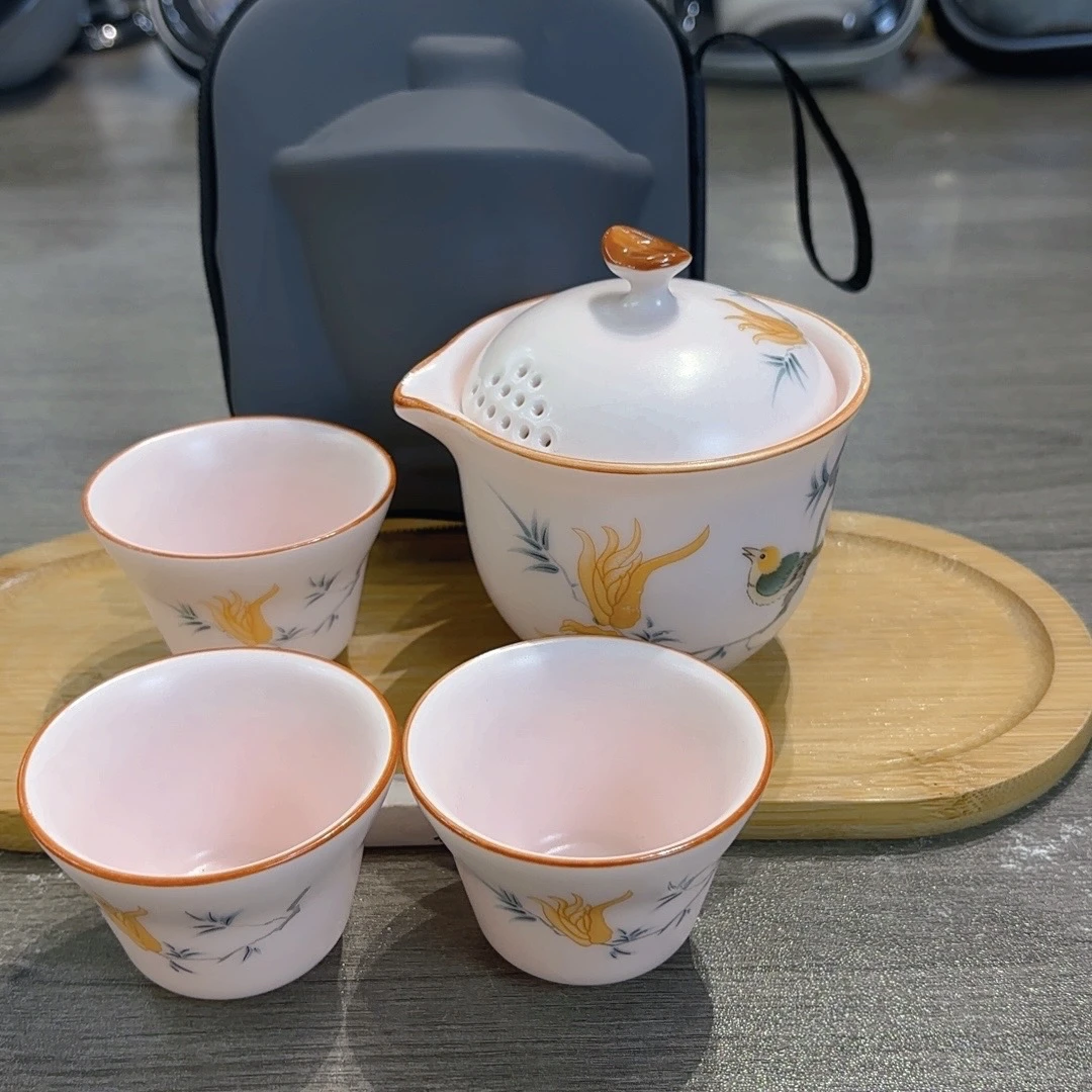 B57 旅行茶具套装粉汝雀上枝头一壶三杯