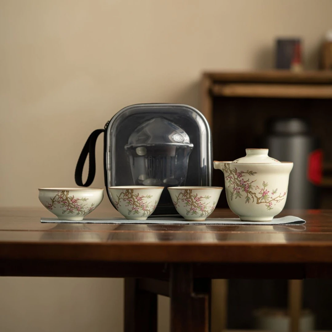 旅行茶具套装陶栖紫藤花手抓三杯 A11