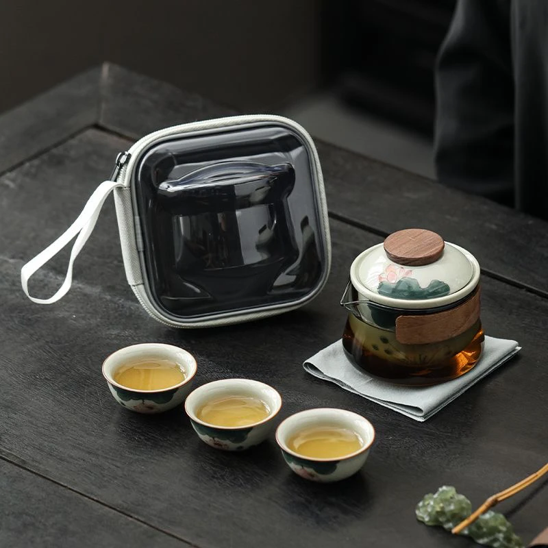 B54 旅行茶具套装手绘荷花品茗杯款三杯