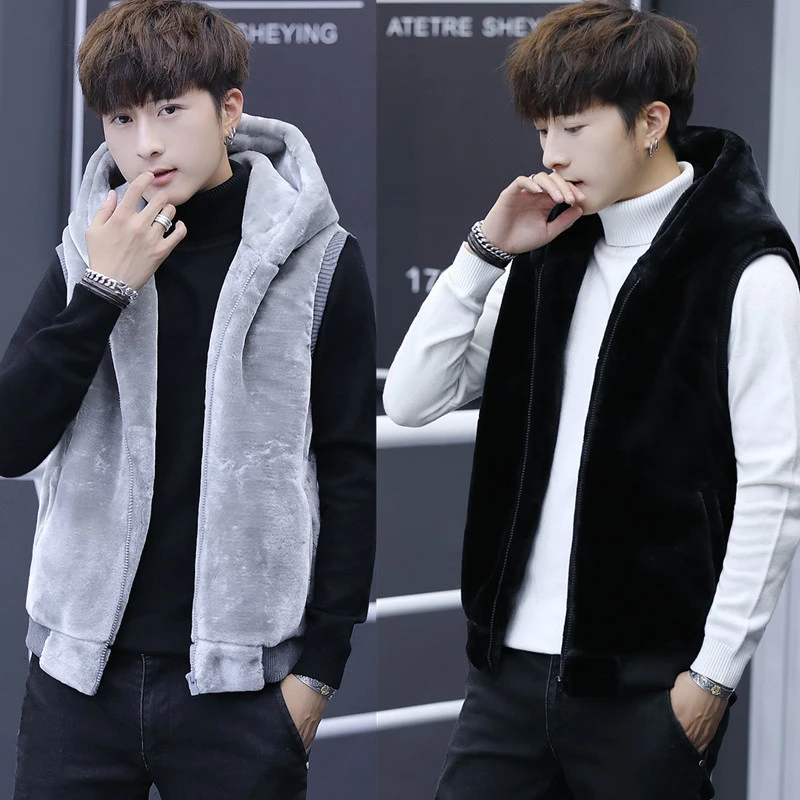 2024年秋冬季毛绒坎肩马甲背心男装仿情侣连帽马夹个性保暖潮外套