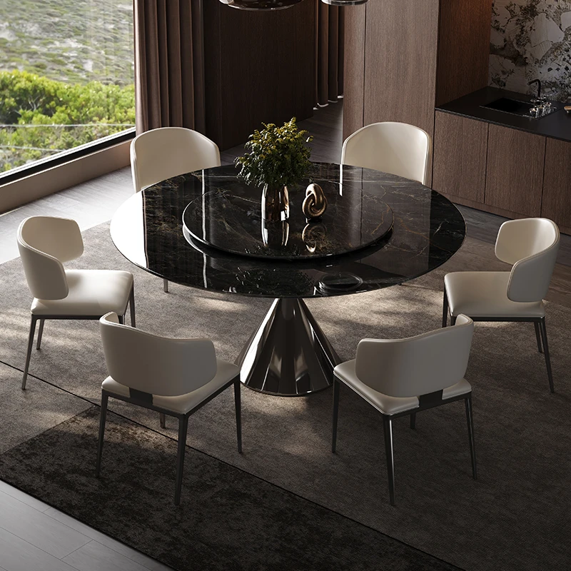 超晶石餐桌饭桌椅组合家用旋转圆桌轻奢风大气高档餐桌带电动转盘