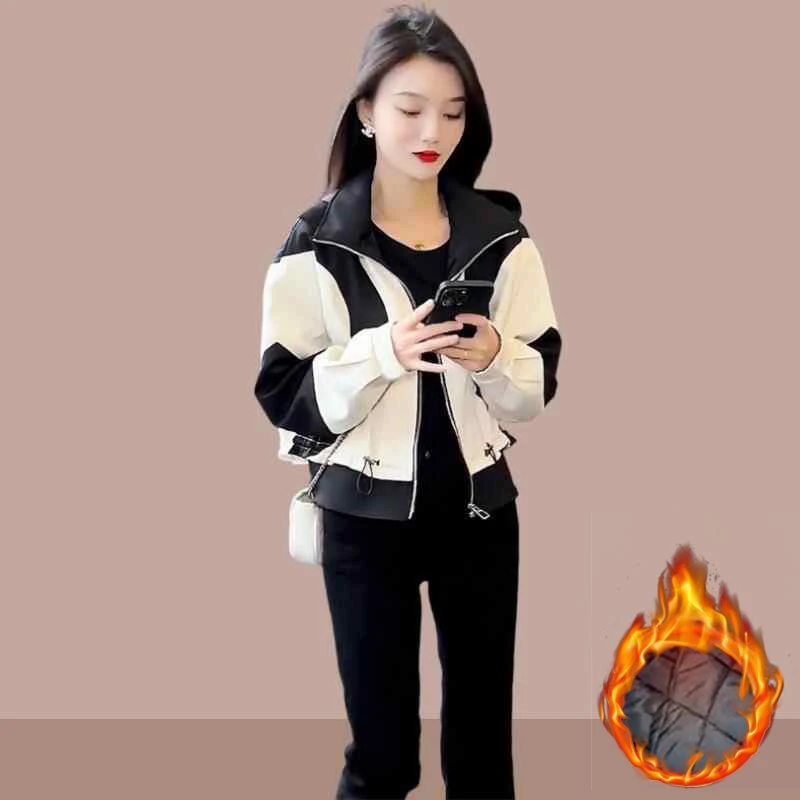 撞色短款冲锋衣外套女2025新款爆款秋冬保暖夹棉加厚连帽夹克上衣