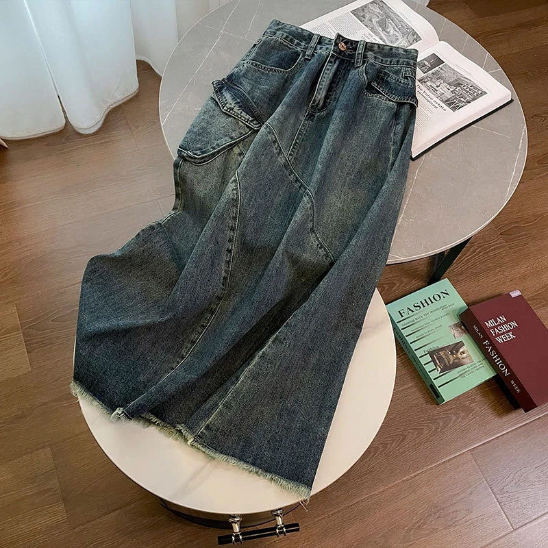 复古设计感拼接毛边牛仔半身裙女2024夏季新款高腰显瘦a字中长裙