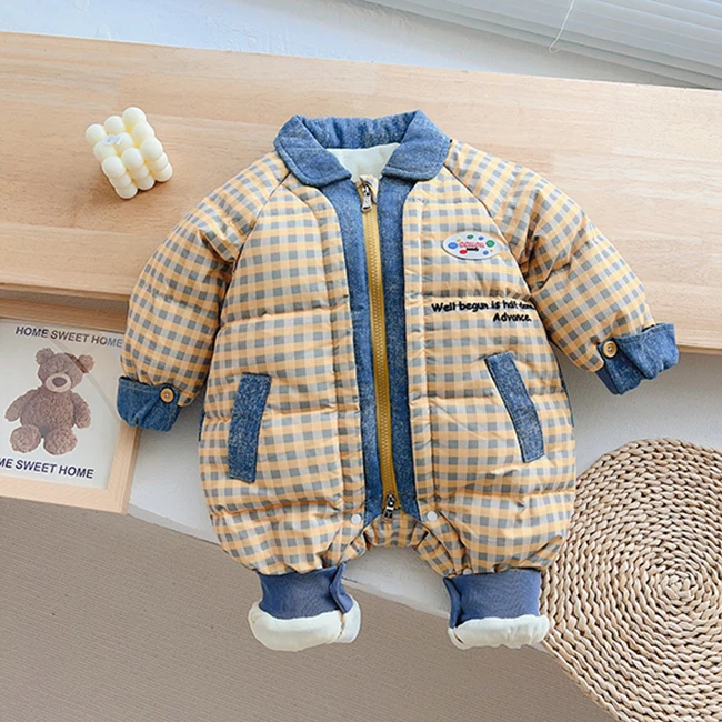 【231605】黄蓝格子冬季羽绒服加绒加厚连体衣婴儿冬装衣服洋气