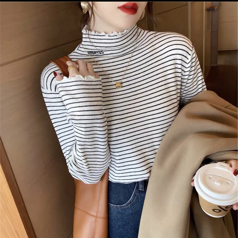 条纹半高领德绒打底衫女春秋冬外穿上衣百搭加厚双面磨毛洋气小衫