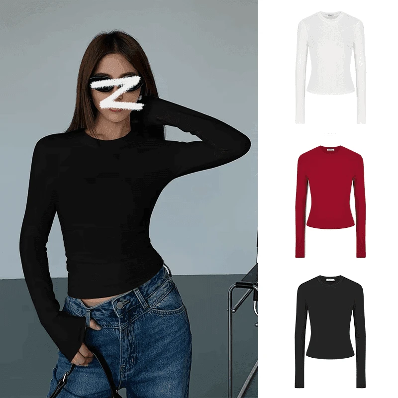 辣妹紧身掐腰正肩长袖T恤女春秋新款修身显瘦内搭圆领打底衫上衣