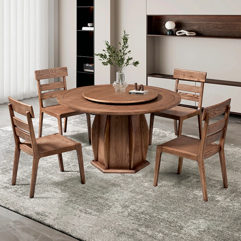 白蜡木家用圆桌带转盘北欧简约全实木餐桌椅组合小户型圆形饭桌子