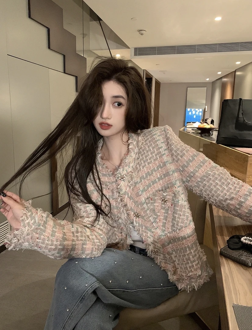 粉色小香风外套女春秋2023新款高级感法式气质名媛粗花呢短款2306