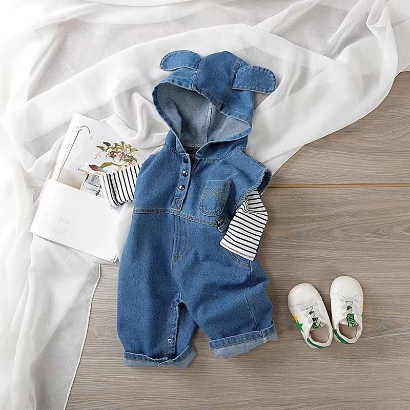 婴儿男女宝宝连帽牛仔背带裤外穿春秋洋气