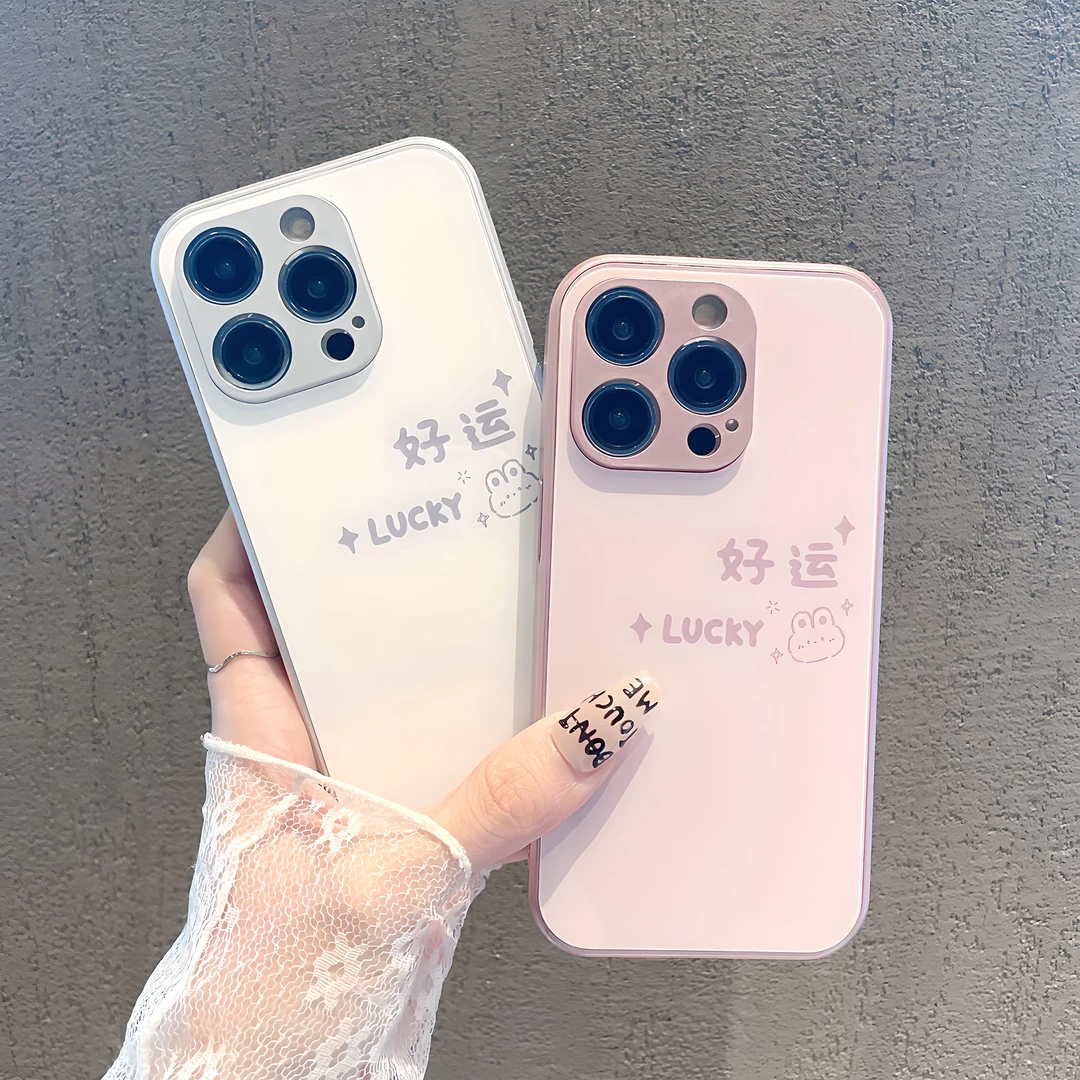 钢化玻璃壳适用于苹果华为vivoOPPO小米好运luck卡通风防摔手机壳