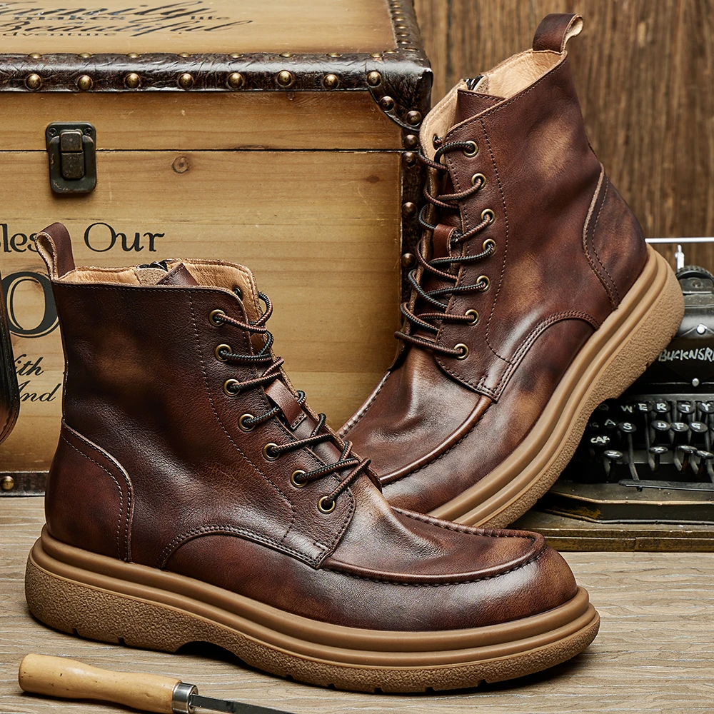 新款高帮复古真皮工装靴男百搭厚底英伦风靴子鞋子男靴2023爆款黄