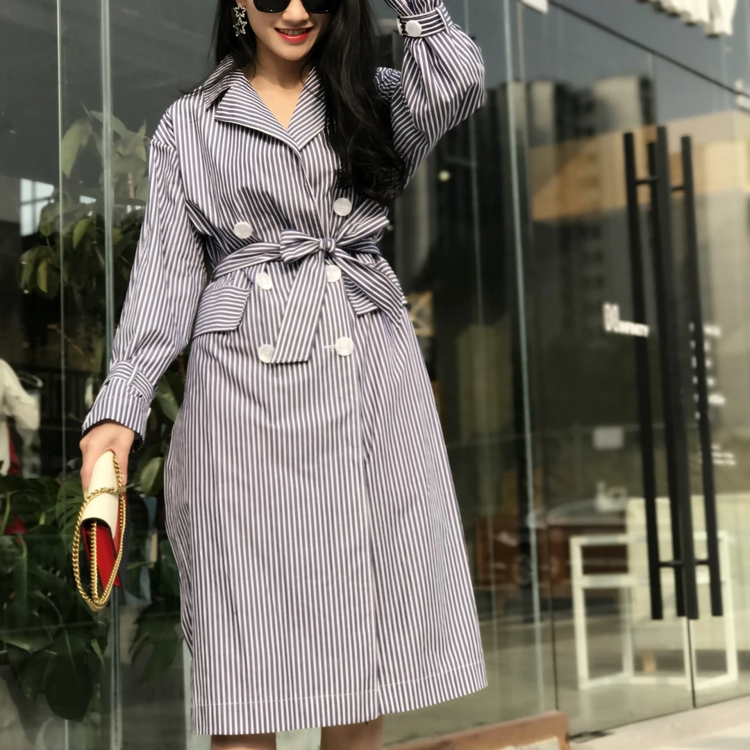春季条纹时尚百搭风衣Q8323春装中长款女装长袖腰带气质外套通勤