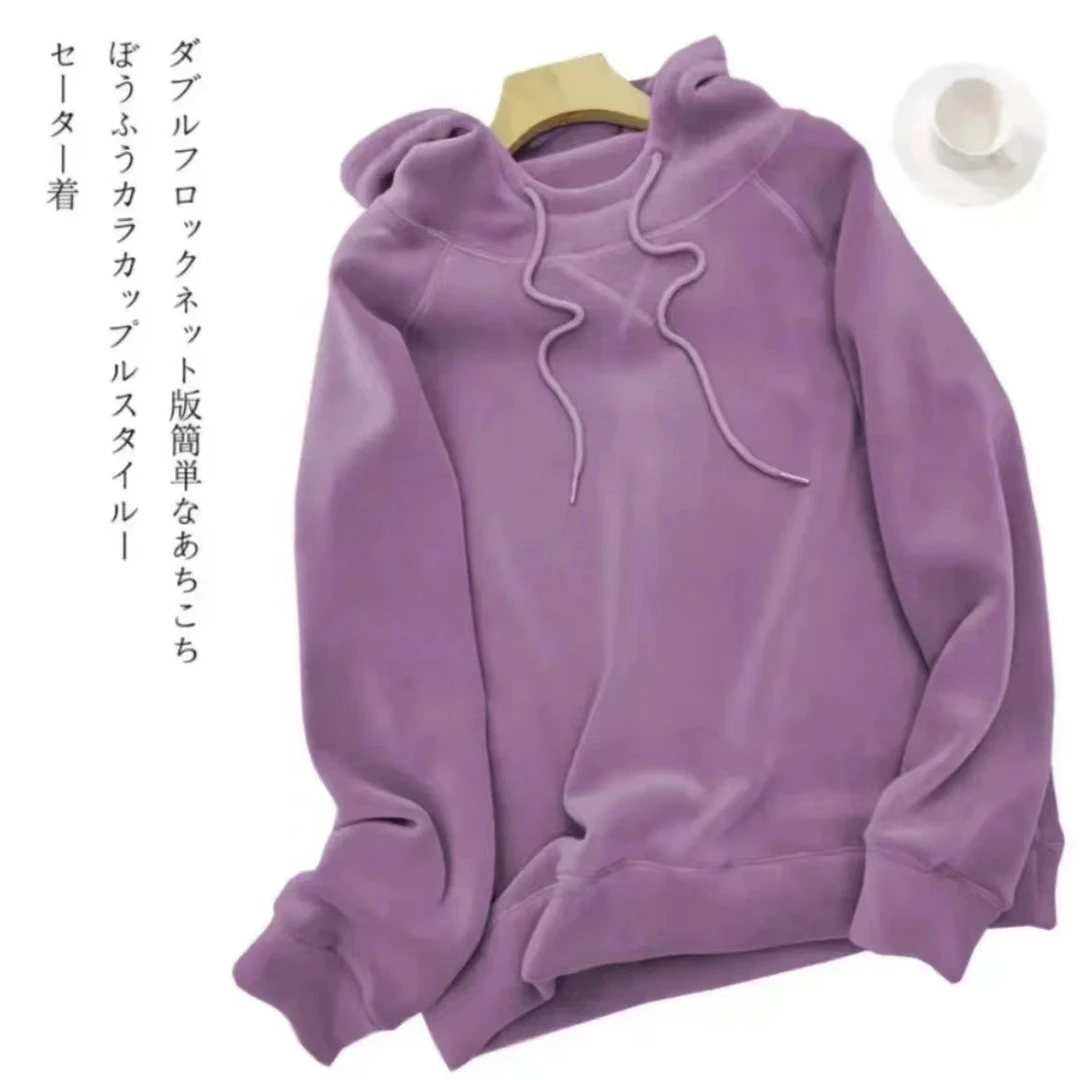 大麦家~时尚加绒连帽纯色简款日系百搭套头女士秋冬帽衫休闲2875