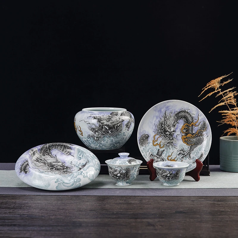 2024新款茶具套装泡茶单个墨彩龙盖碗茶杯景德镇主人杯单杯雪茄缸