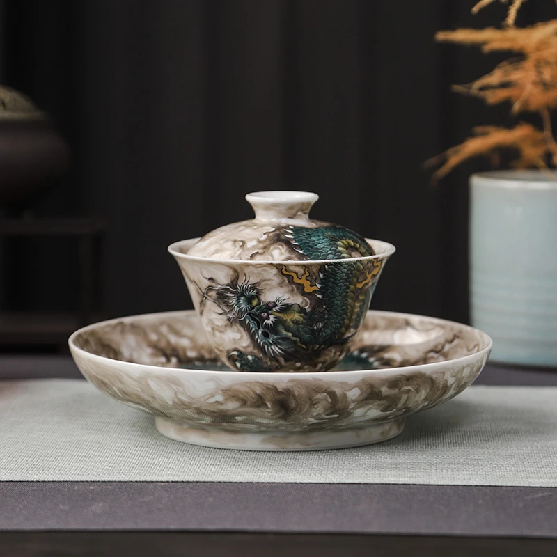 2024新款茶具套装泡茶单个墨彩龙盖碗茶杯景德镇主人杯单杯雪茄缸