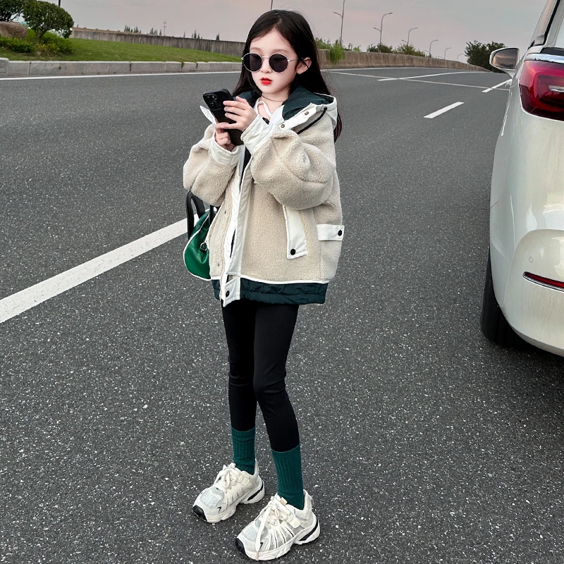 女童毛毛衣外套秋冬装2024新款儿童大童韩版宽松加棉加厚连帽上衣
