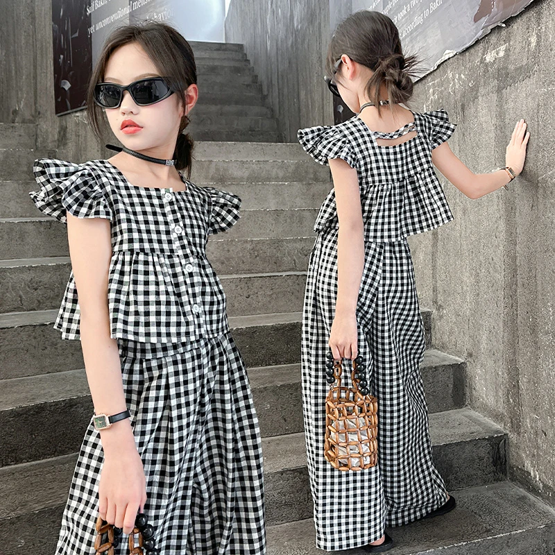 女童夏装套装韩国休闲洋气炸街黑白格小飞袖娃娃衫阔腿裤两件套潮