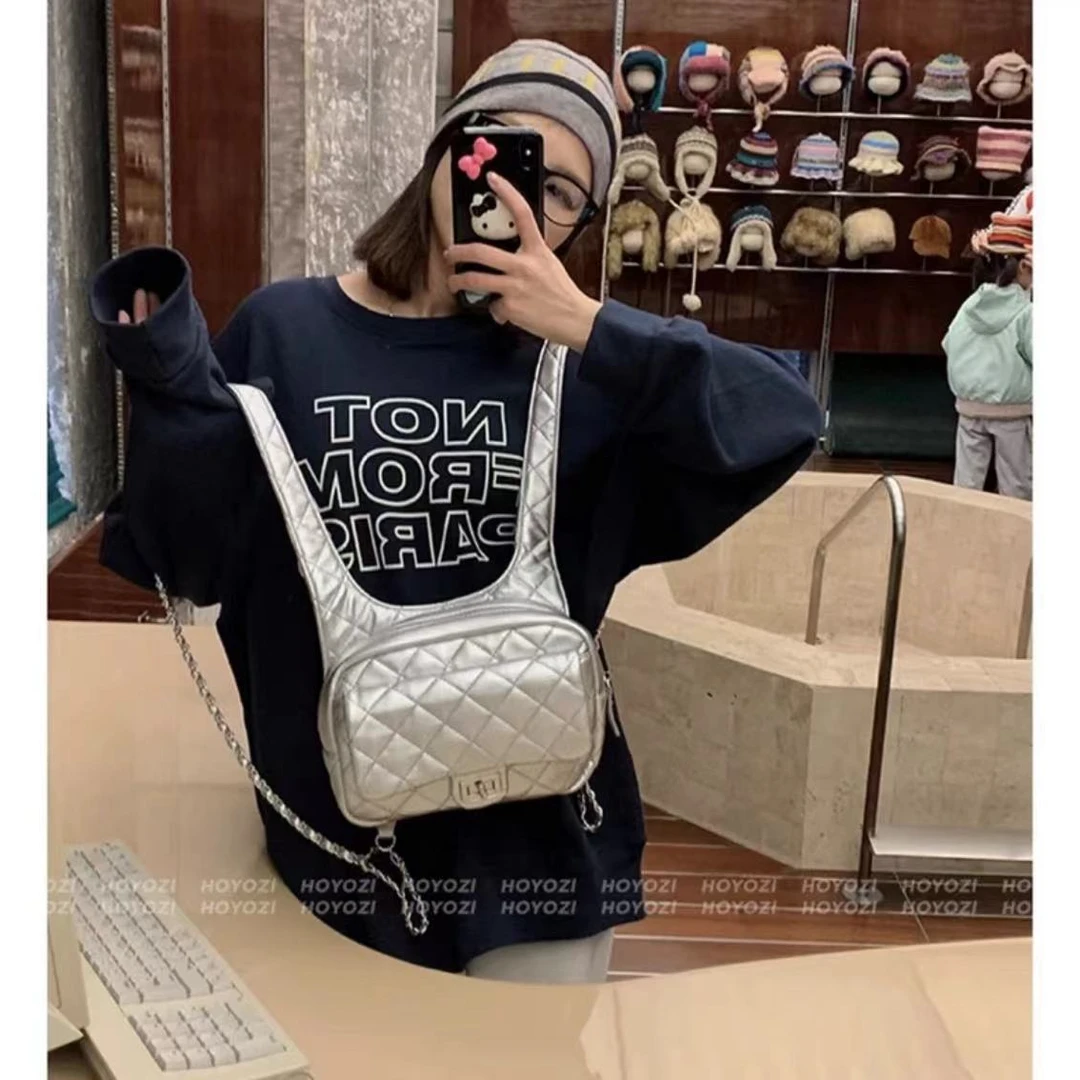 韩版休闲银色菱格双肩包女2025新款时尚百搭背包链条包包