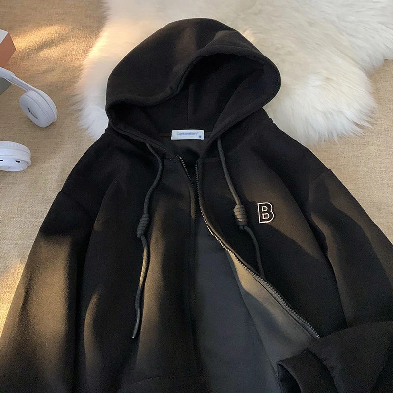 春秋薄款美式字母连帽卫衣女oversize情侣百搭休闲开衫外套上衣潮