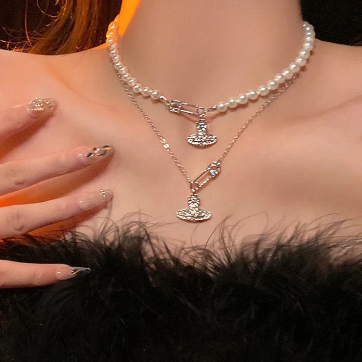 合金吊坠 西太后土星项链别针简约小众颈链配饰轻奢高级感锁骨链