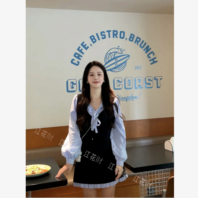 韩系温柔简约拼接撞色假两件上衣小衫+A字半身短裙两件套