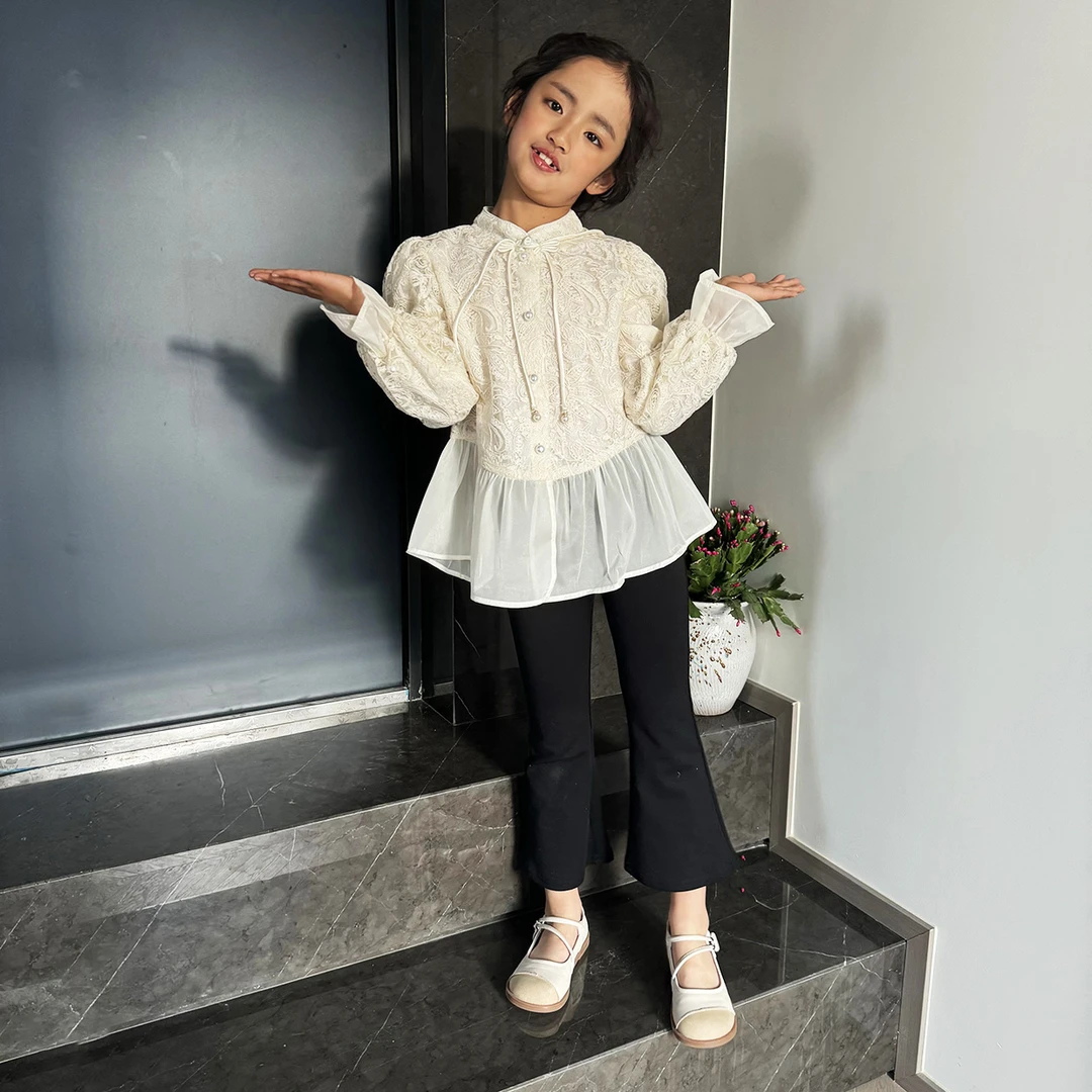 衬衫上衣童装长袖春秋蕾丝时尚白色洋气花边LH5633