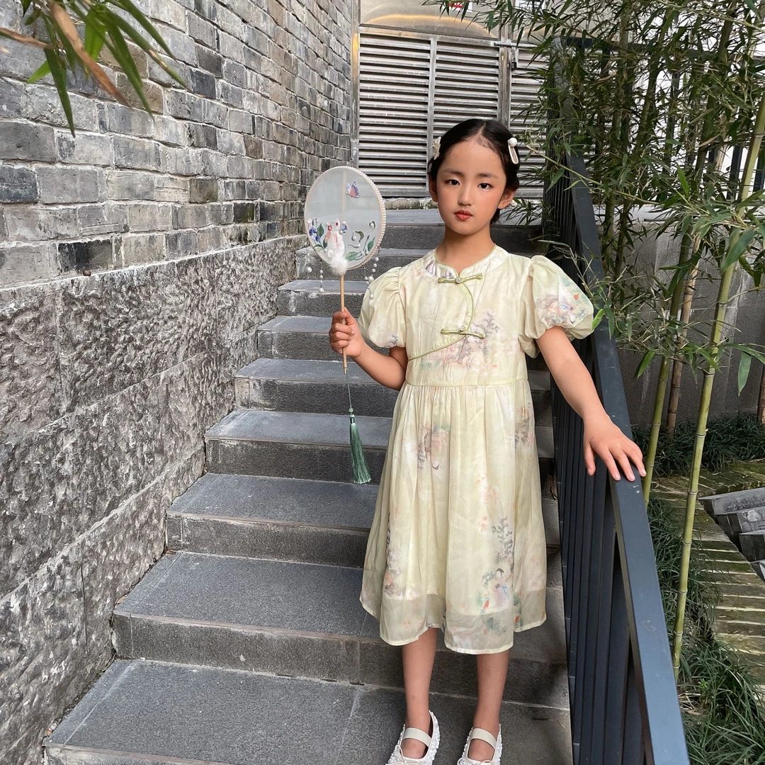 【夏款上新】夏季女童新中式泡泡袖气质连衣裙【1072】