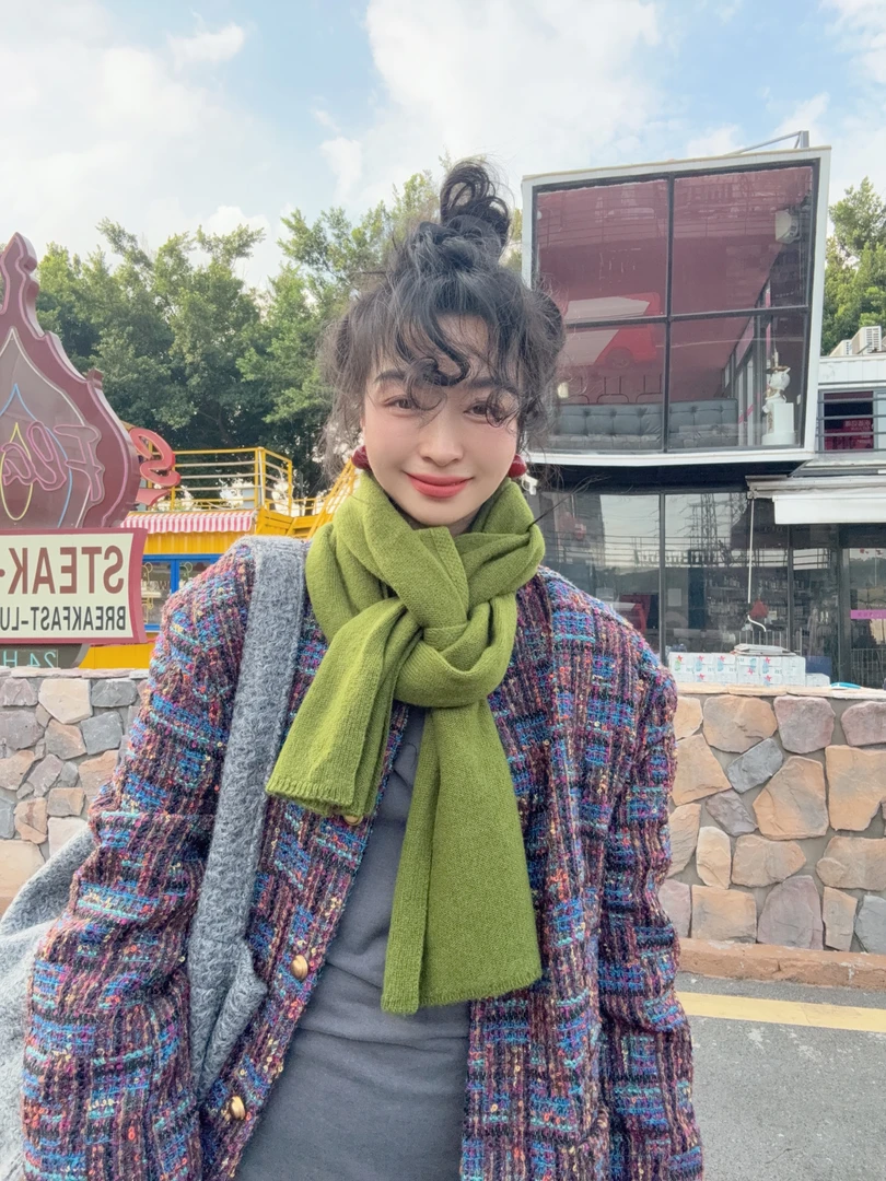 （堆雪人）全羊毛一根毛羊毛围巾简约纯色百搭针织围巾