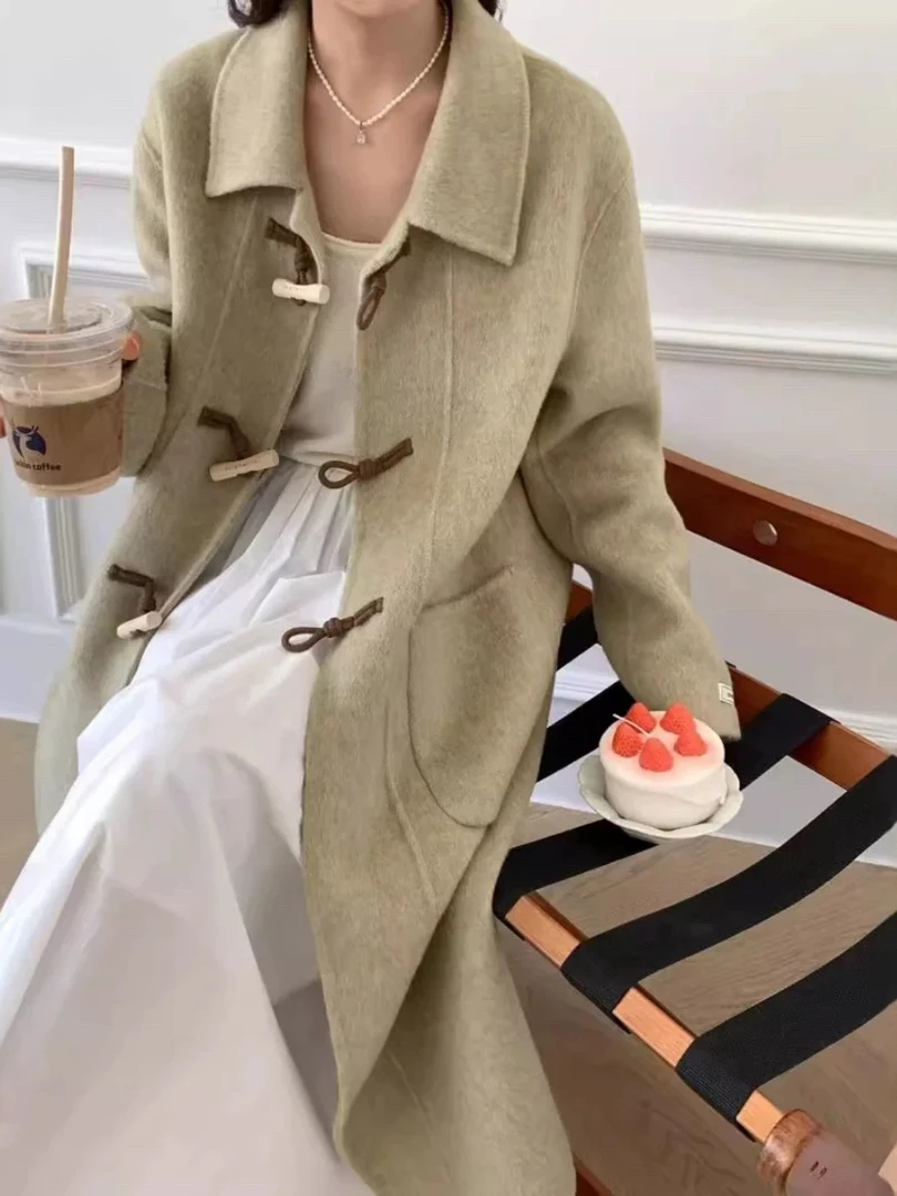 韩系木牛角扣田园风双面绵羊毛大衣秋冬加厚毛呢外套百搭宽松