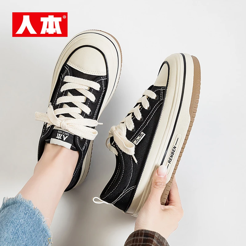 人本帆布鞋网鞋女鞋2025新款夏季休闲网面透气小白鞋百搭女款板鞋