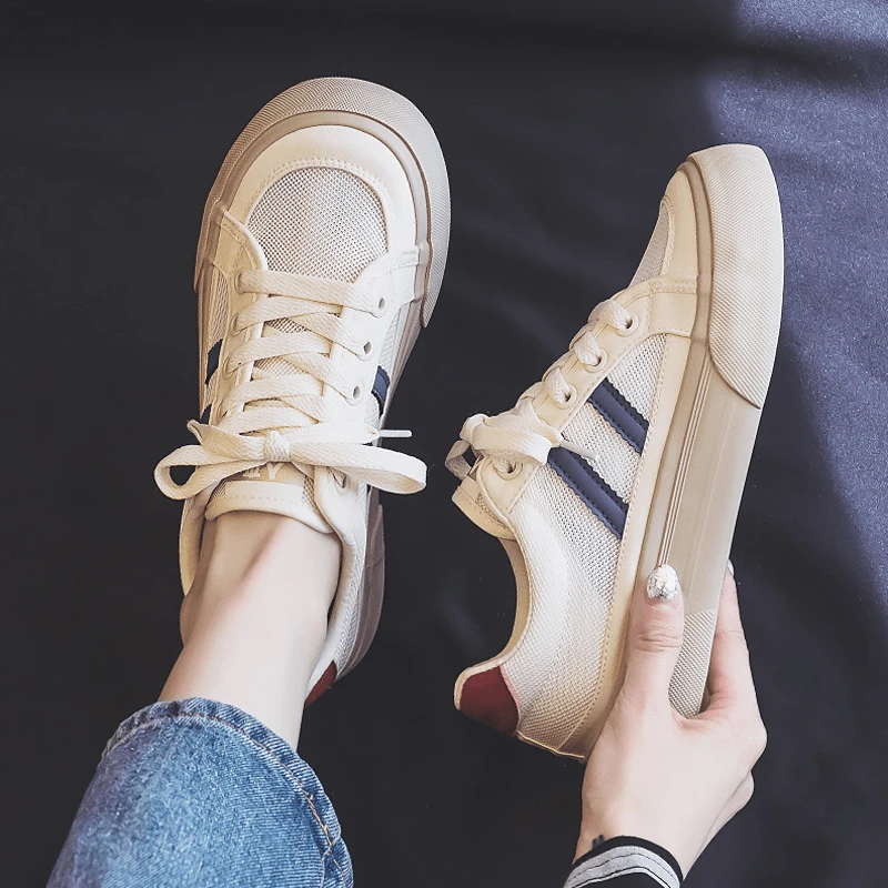 人本网面帆布鞋女2025秋季新款百搭平底网鞋轻便休闲运动板鞋女款