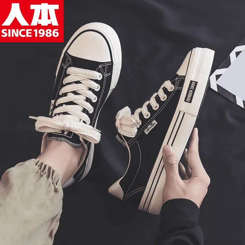 人本帆布鞋秋季板鞋ins韩版学生潮百搭ins休闲经典帆布鞋透气黑色
