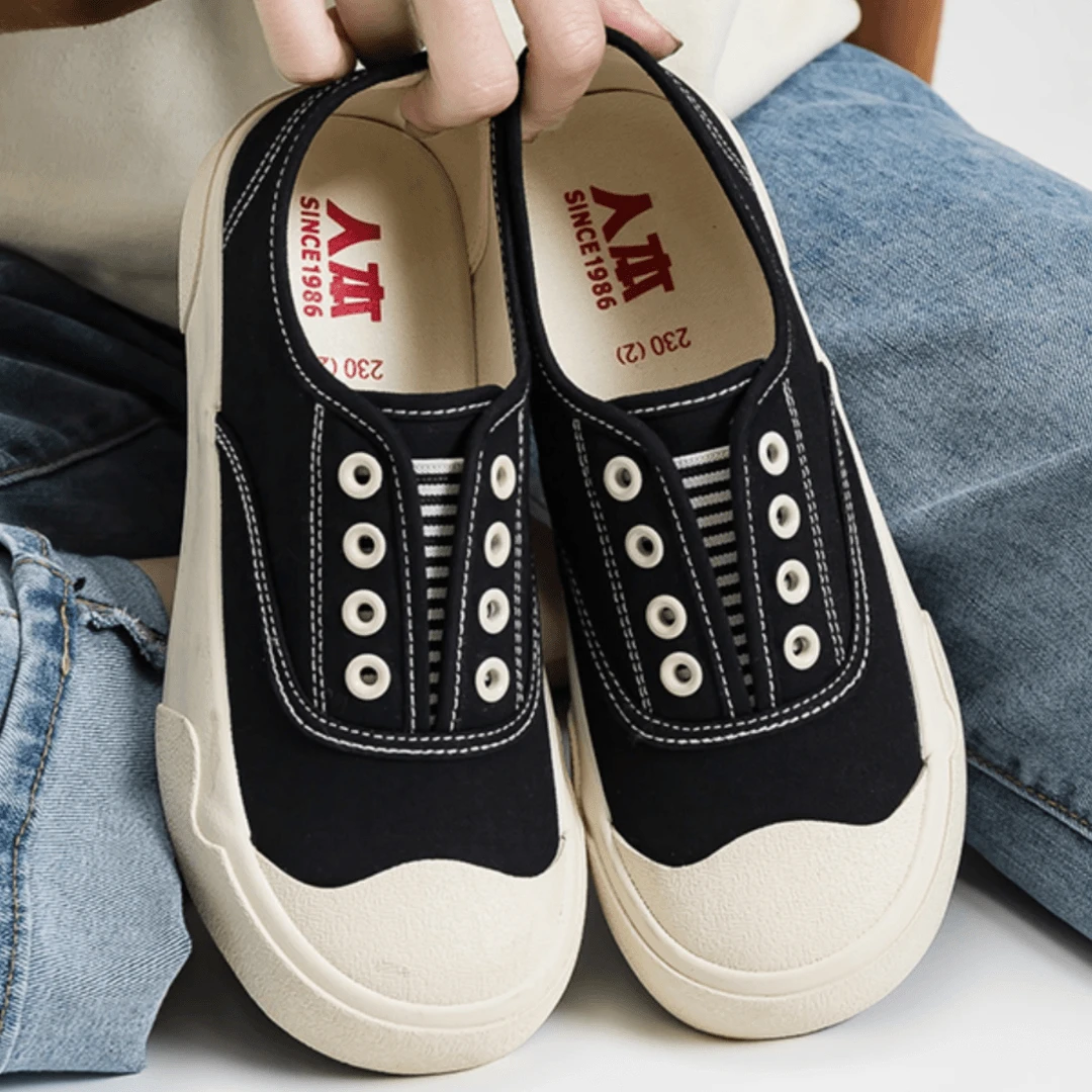 人本一脚蹬帆布鞋女2025新款学生百搭白色厚底鞋子女运动休闲板鞋