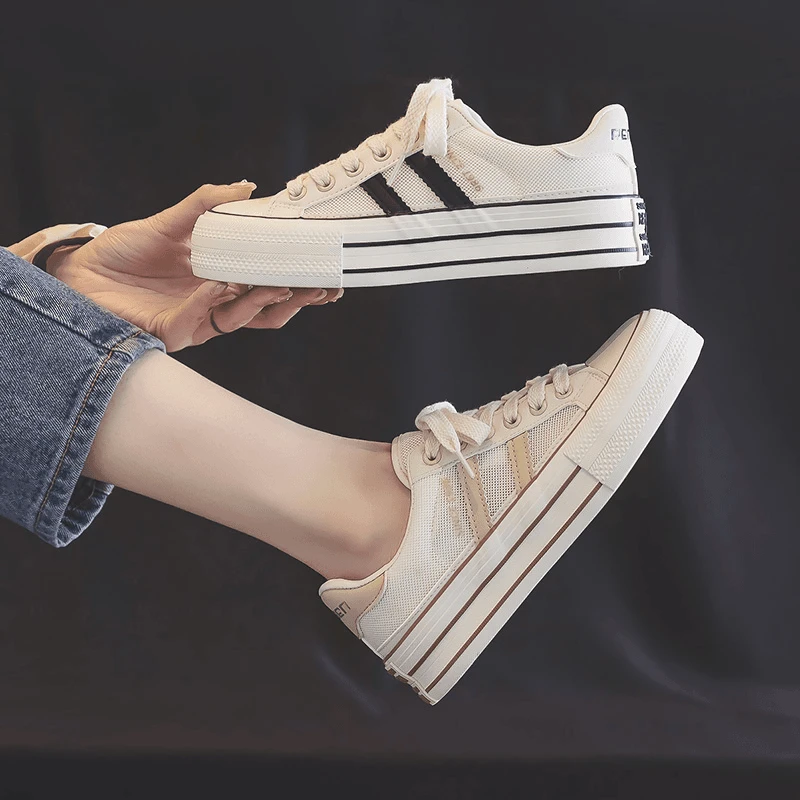 人本网面小白鞋女2025夏季薄款透气缕空休闲板鞋厚底学生帆布网鞋