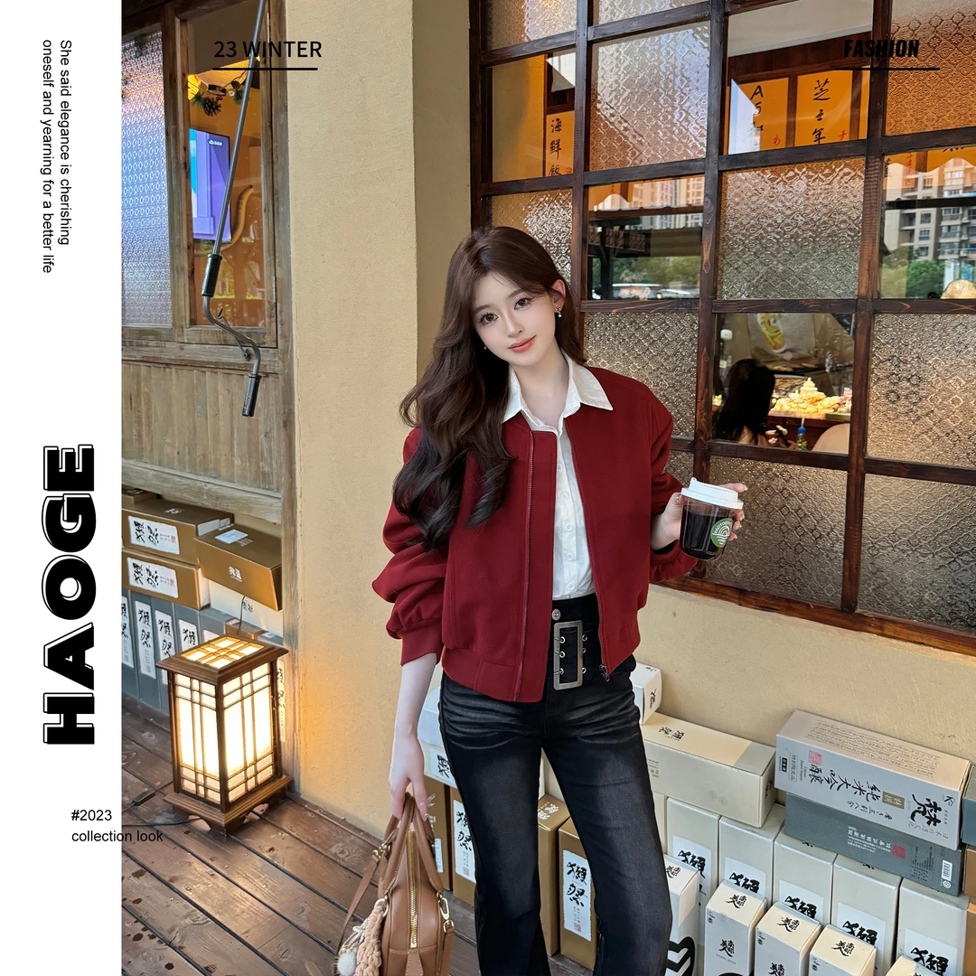 浩哥严选●感觉至上D3WT9026A时尚小香风休闲气质红色宽松百搭外套