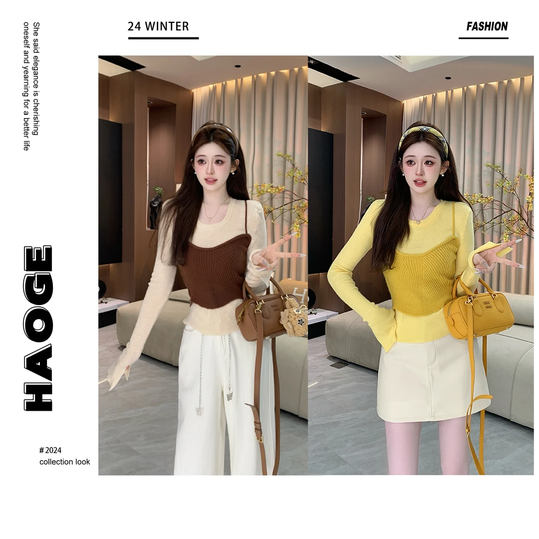 浩哥严选●小蛮腰毛衣预JJQ4MY5881显瘦气质短款设计感修身假两件