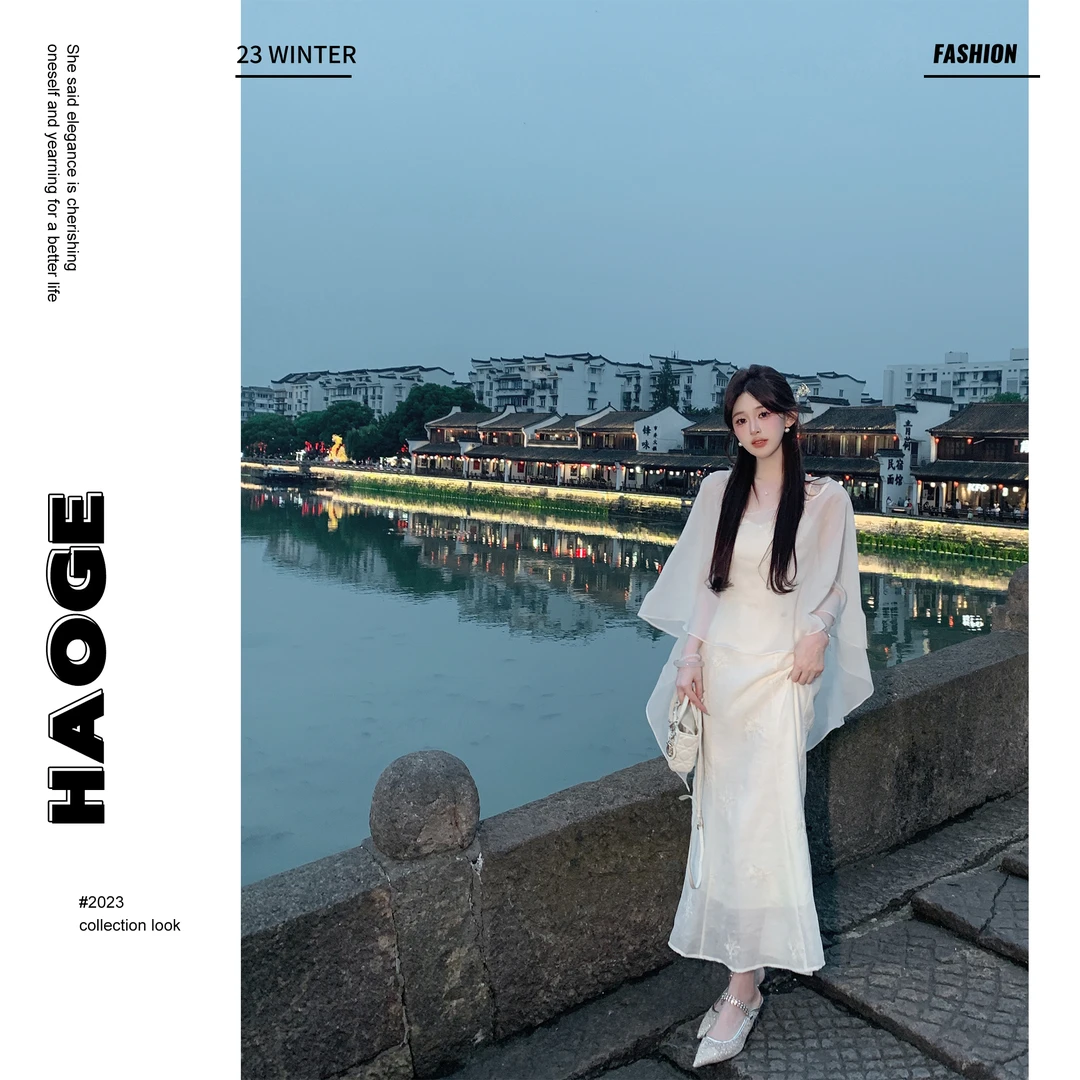 浩哥严选●白月光X4LYQ0590A白色温柔气质长款连衣裙女莫奈花园风