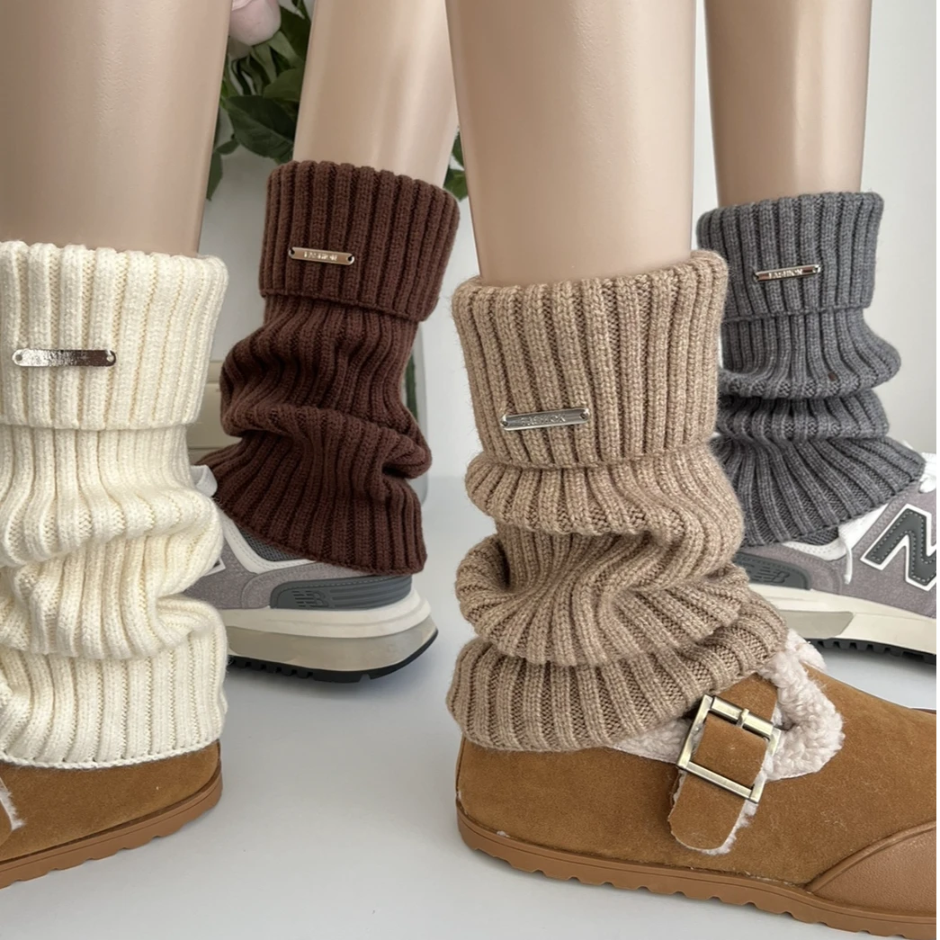 金属标美式复古咖啡棕色套女秋冬季时髦百搭毛绒针织堆堆袜小腿套