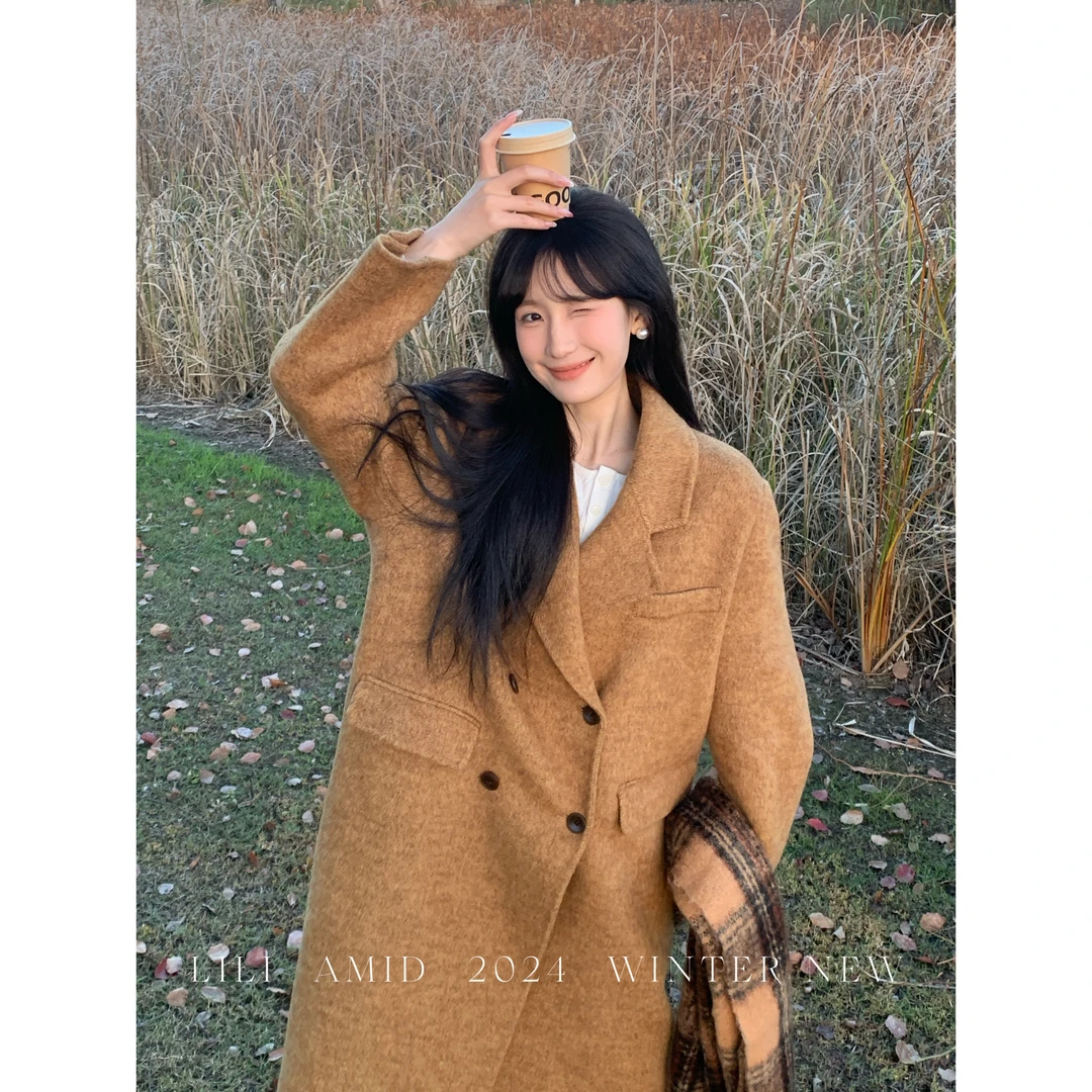 【柏林纪事】宽松气质简约双排扣羊毛双面呢中长款大衣外套女LR041