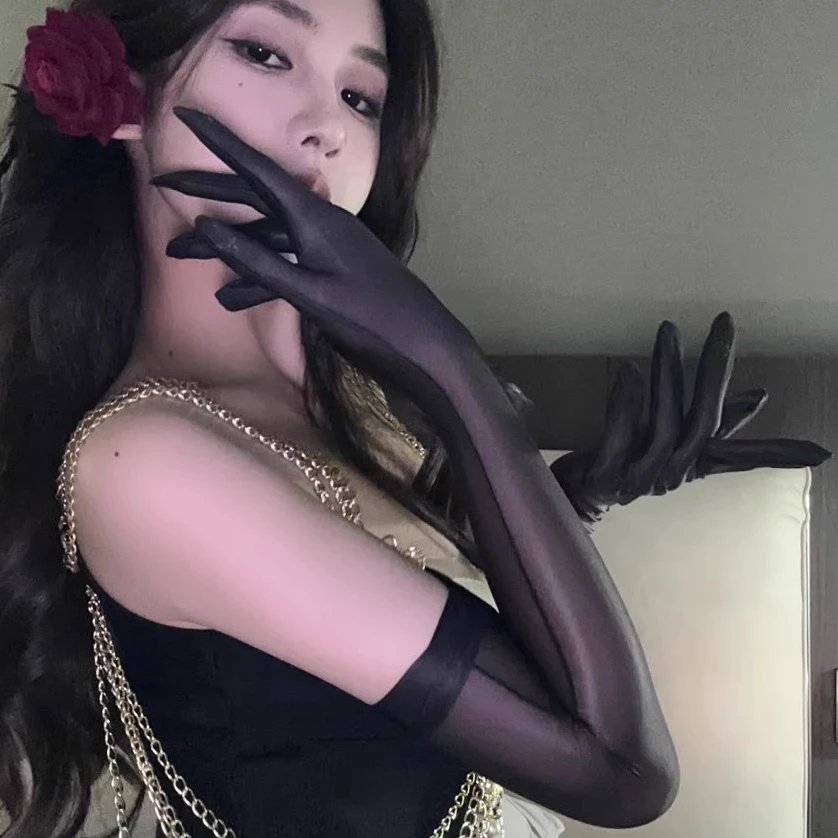 极光丝袜手套高密油亮黑丝袜分指手套性感黑丝cos女情调气质女王