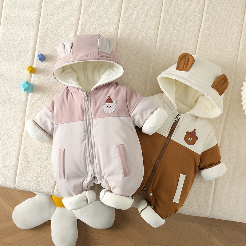 婴儿2024冬季连帽加绒加厚卡通老虎梭织保暖外出连体哈衣