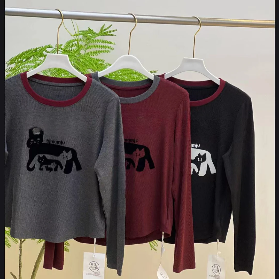 撞色卡通猫咪百搭上衣（6918）