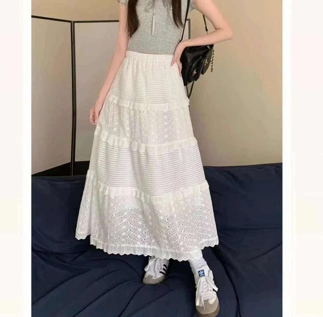 小众甜美百搭裙2024春夏新款高腰显瘦中长裙蕾丝气质时尚遮肉裙女