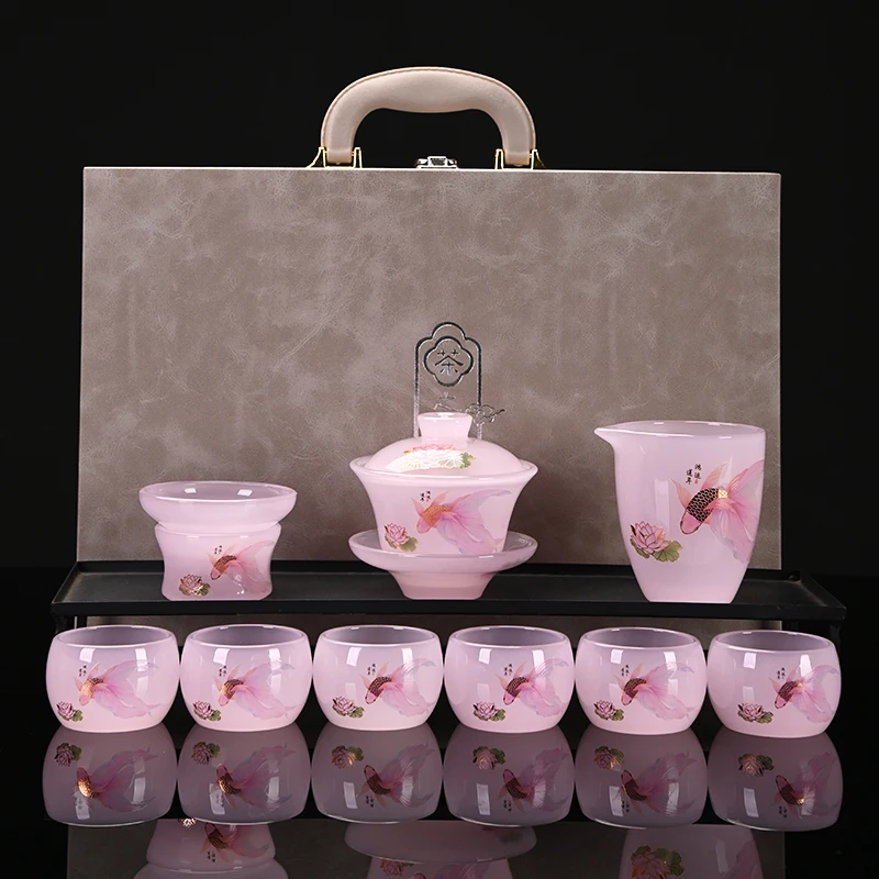 【特惠】樱花粉鸿运莲年琉璃茶具套装家用功夫盖碗办公室礼盒装