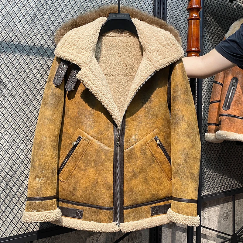 进口美皮加长b3飞行服原生态绵羊毛皮毛一体男装真皮皮衣男士